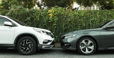 dois carros, um branco e um cinza esverdeado, um de frente para o outro; ao fundo, um muro coberto por plantas bem verdes
